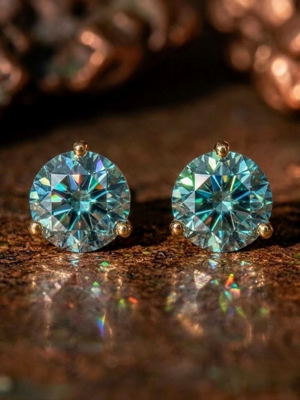 Viridian Azure Moissanite 10K Yellow Gold Stud Earrings 0.80ctw 5mm - Picture 5 of 7